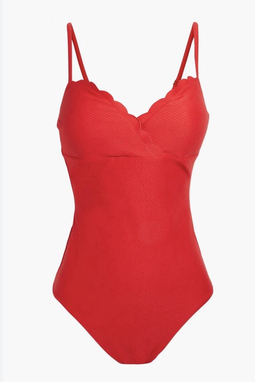 Heidi Klein Red Seersucker Scalloped Swimsuit One Piece Padded Size Large